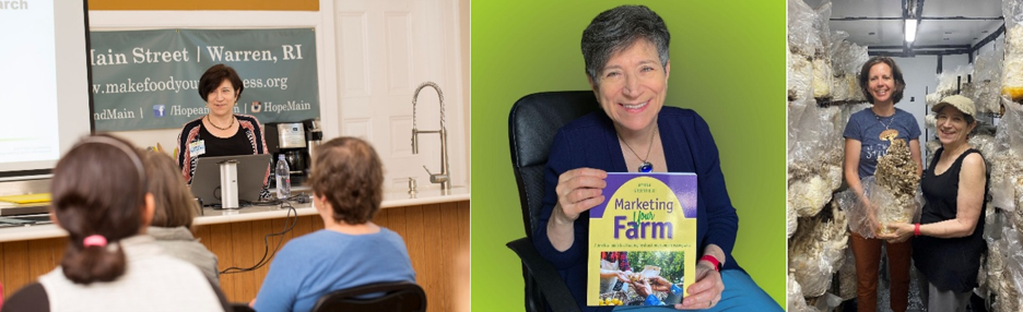 Myrna Greenfield presenting at Hope & Main, with her book, and with her client Elizabeth Almeida, owner of Fat Moon Mushrooms