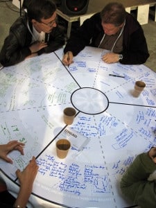 People seated at a table collaborating on a project