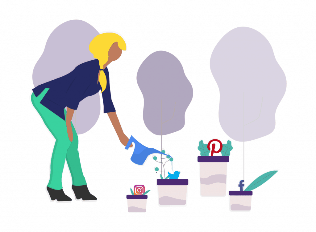 Illustration of woman watering social media channels in pots